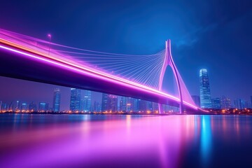 Obraz premium Neon-lit suspension bridge at night with city skyline and water reflections. urban landscape and futuristic architecture