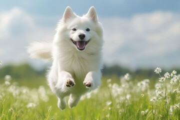 White dog running and jumping happily over tall grass in a field at sunset