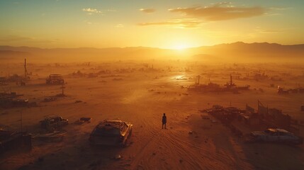 Naklejka premium Solitary Figure in the Surreal Desert Sunset Landscape with Abandoned Structures and Mirage