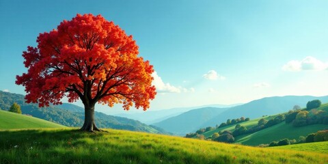 Naklejka premium Autumnal splendor A vibrant single tree ablaze with fiery red foliage stands majestically in a verdant meadow, overlooking a serene mountain range bathed in sunlight.