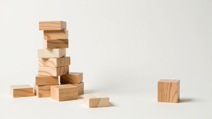 Unstable Wooden Block Tower Construction Concept  A Precarious Stack of Natural Wood Blocks on a Plain Background, with One Block Separated