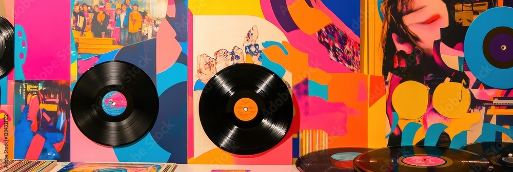 Poster colorful vinyl records displayed in a vibrant setting with abstract art in a lively music themed loc