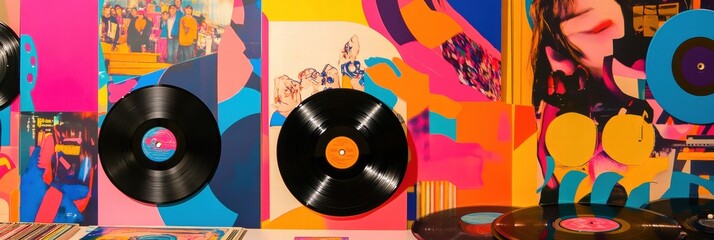 Colorful vinyl records displayed in a vibrant setting with abstract art in a lively music themed location. Generative AI
