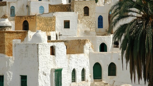Charming Tunisian Village: White Walls, Windows, and Lush Trees in Picturesque Tunis, Tunisia