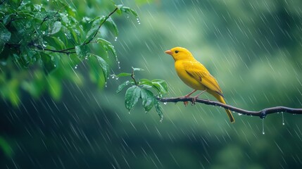 Against the gentle backdrop of falling rain, a bright yellow bird sits gracefully on a branch, embodying serenity in a peaceful natural setting.