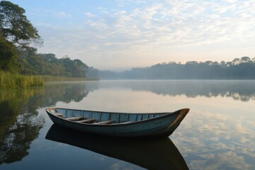 Obraz premium Serene wooden boat rests on crystal-clear lake, mirroring majestic mountains and a vibrant sky, creating a tranquil landscape