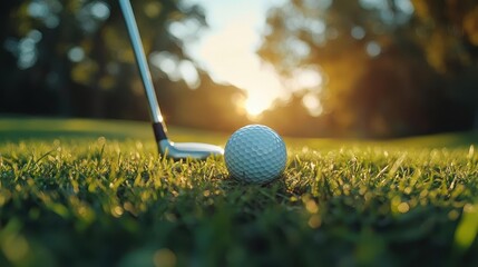 Golf swing on course, close-up of golf club mid-swing, lush green grass and ball