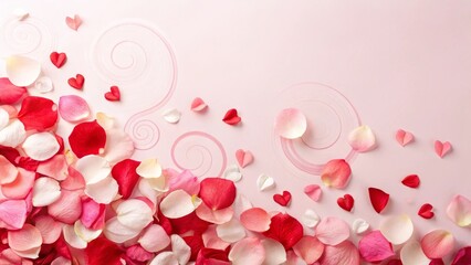 A vibrant swirl of red, pink, and white petals on a pastel pink-to-white gradient background with soft focus edges and ample space above for text.