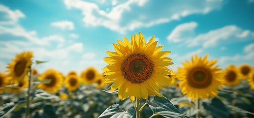 Obraz premium Sunflowers bloom in a field under a bright sky. Summer nature background