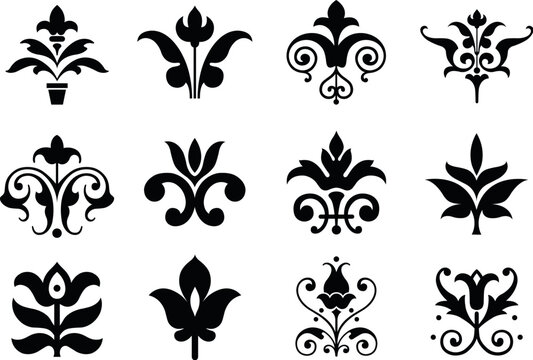 A set of vintage botanical leafy design icon elements. 