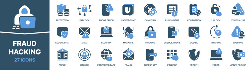 Fototapeta premium Fraud and hacking colored signed icon collection. Spam, hacked, phishing, error, corruption icons. UI icon set. Colored icons pack. Vector illustration