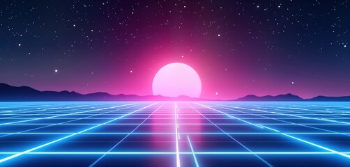 Futuristic landscape glows with blue-purple laser grids. Grids on vast plain stretch towards mountains under starry sky. Large pink-purple moon illuminates scene. Tech background suggests virtual