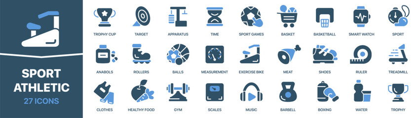 Sport and athletic colored signed icon collection. Trophy, boxing, football, gym, exercise icons. UI icon set. Colored icons pack. Vector illustration