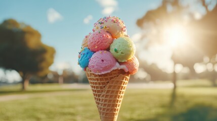 Colorful ice cream cone under the summer sun