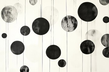 Abstract composition featuring hanging black and white circles on a textured background