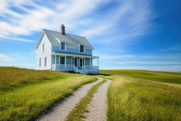 Fototapeta premium Charming Country Farmhouse with Sky-Blue Facade, Meandering Pathway and Lush Green Grass Under a Clear Blue Sky