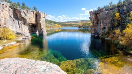 Autumnal lake nestled between cliffs, clear water, mountain backdrop, ideal for travel brochures