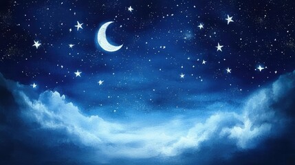 Fototapeta premium Dreamy Watercolor Night Sky: A Serene Background with Stars and Moon in Shades of Blue