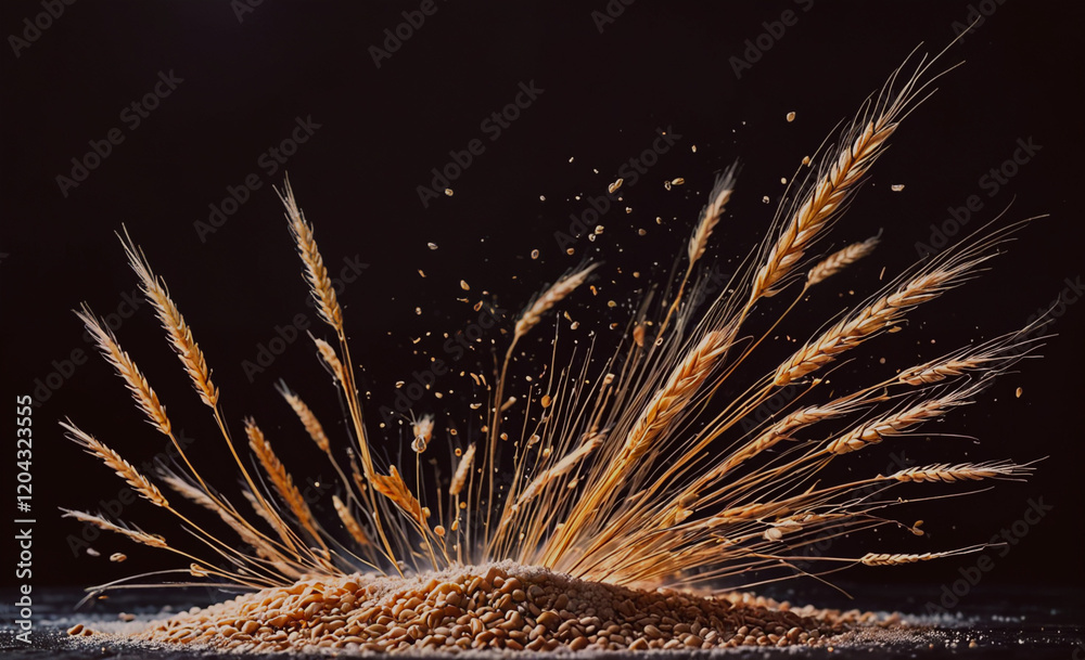 Poster A pile of wheat is scattered across a black background. The wheat is in various stages of being blown away by the wind, creating a sense of movement and energy. The scene evokes a feeling of chaos and