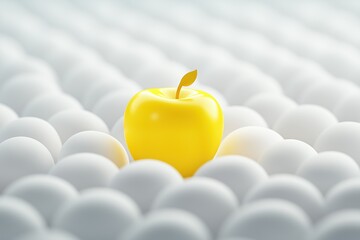 Obraz premium Yellow apple standing out among white spheres on a minimalistic background. Concept of uniqueness and individuality