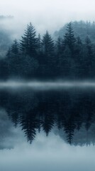Coniferous forest reflecting in a calm lake during blue hour with fog covering the trees