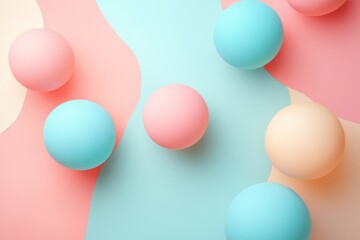 Spheres in pastel colors are laying on an abstract background with curved shapes in pink, light blue, and cream