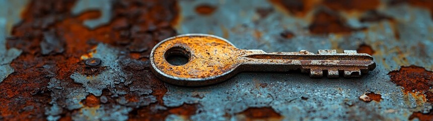 A vintage key lies on a textured surface, its worn metal and classic design hinting at mystery and history