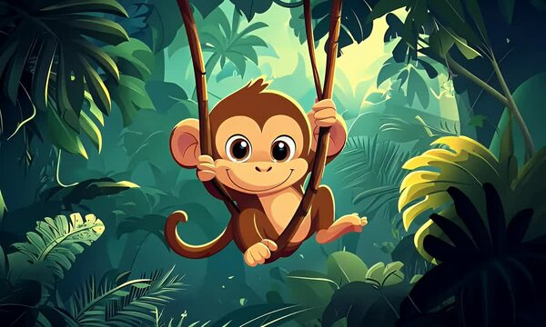 Playful Monkey Swings Jungle Vines, Lush Background