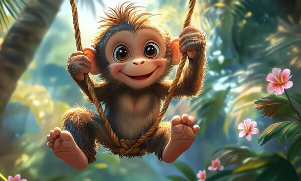 Happy monkey swinging jungle vine, flowers, cartoon