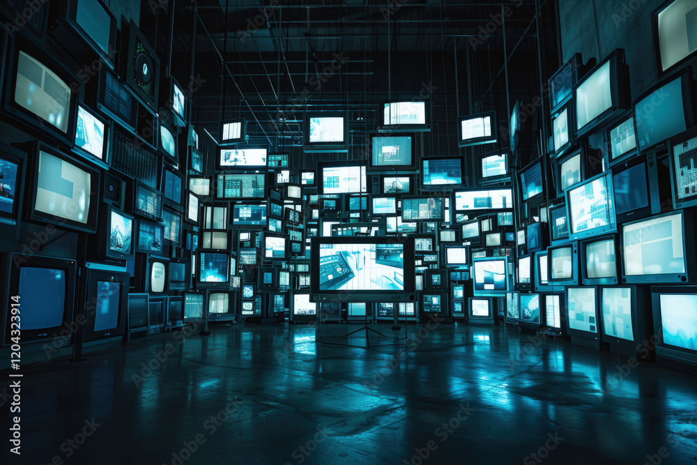 Poster ai system of thousands of screens and wireless signals beaming from monolithic server core in dark r