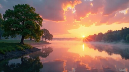 Obraz premium Serene sunrise over tranquil lake, majestic trees reflected in calm water, soft morning mist