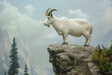 Fototapeta premium Jackson's Mountain Goat Perched on Rocky Ledge Surrounded by Lush Green Conifers