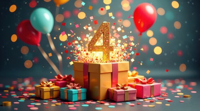 Celebration of a momentous fourth anniversary, symbolized by a glittering golden number emerging from a gift box amidst colorful balloons and confetti.
