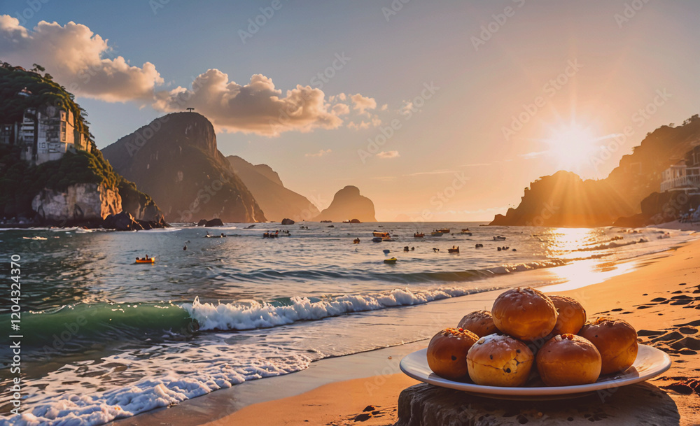 Aufkleber A plate of doughnuts is on a rock on a beach. The sun is setting in the background, creating a warm and inviting atmosphere