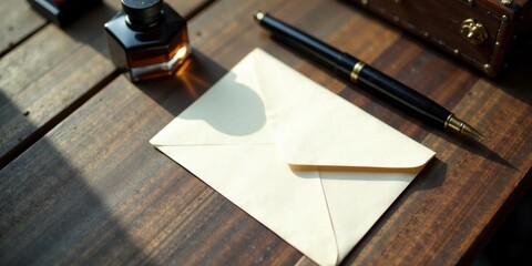 A blank envelope rests on a wooden surface, accompanied by a fountain pen and inkwell, bathed in sunlight, ready for a handwritten message.
