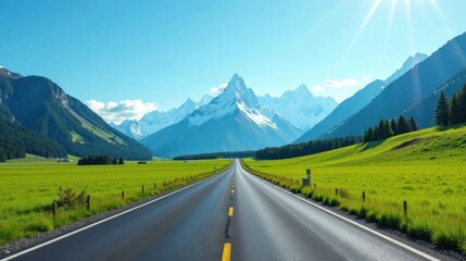 Fototapeta premium Asphalt Pathway Through Verdant Meadows Towards Majestic Snow-Capped Peaks Under a Bright Sunny Sky
