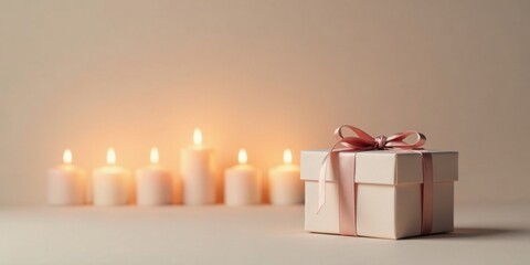 A thoughtfully presented gift box adorned with a delicate pink ribbon, illuminated by the soft glow of surrounding candles, creates a serene and celebratory atmosphere.