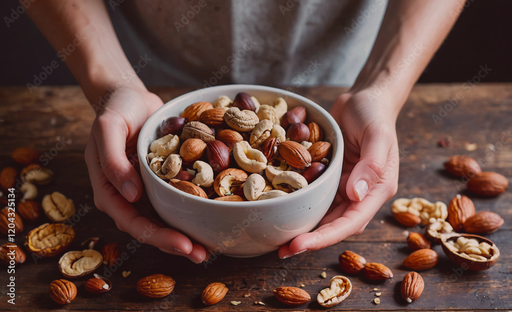 Poster a person is holding a bowl of mixed nuts. the nuts include almonds, cashews, and walnuts. the bowl i