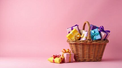 A wicker basket overflowing with brightly wrapped presents, a delightful collection of gift boxes for a festive occasion on a pink background.