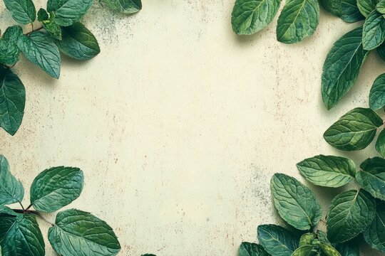 Fresh mint leaves arranged on a textured background, creating a refreshing and natural frame with copy space