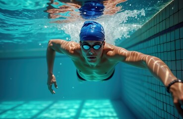 Latin American swimmer practices underwater swimming in pool. Young athlete trains in Mexico. Focused teen swimmer wears cap, goggles. Active summer sport. Water blue. Professional sport training.