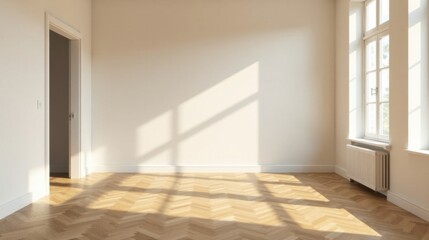 Sunlit Empty Room with Hardwood Floor and Open Doorway