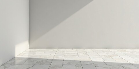 Empty Corner Room with Light Grey Walls and Tiled Floor, Ideal for Mockups and Presentations
