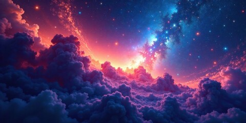 A Celestial Seascape of Vivid Hues Dreamlike Clouds Bathed in the Radiant Glow of a Starry Night Sky