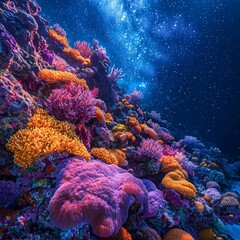 A thriving coral reef surrounded by bioluminescent lights