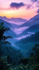 Fog is slowly rising from a valley filled with lush vegetation and palm trees during a colorful sunrise