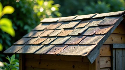 Rustic Wooden Structure with a Weathered Shingle Roof in a Verdant Setting