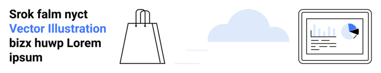 Shopping bag, cloud shape, and data interface with pie chart and bar graph. Ideal for online shopping, e-commerce, cloud technology, data analysis, market research, sales tracking business reports