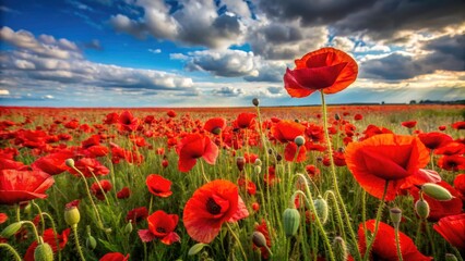 Obraz premium Deeply focused, summer poppies blaze across a minimalist landscape photograph.