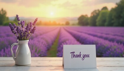 Lavender field thank you card with vase of flowers, sunset background, gratitude expression